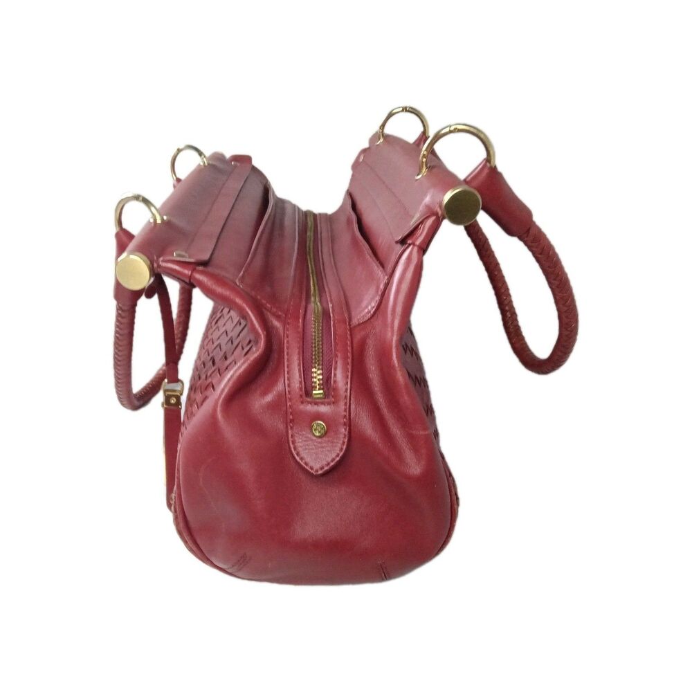 Cole Haan Woven Leather Handbag Maroon Red Satchel - Picture 8 of 12
